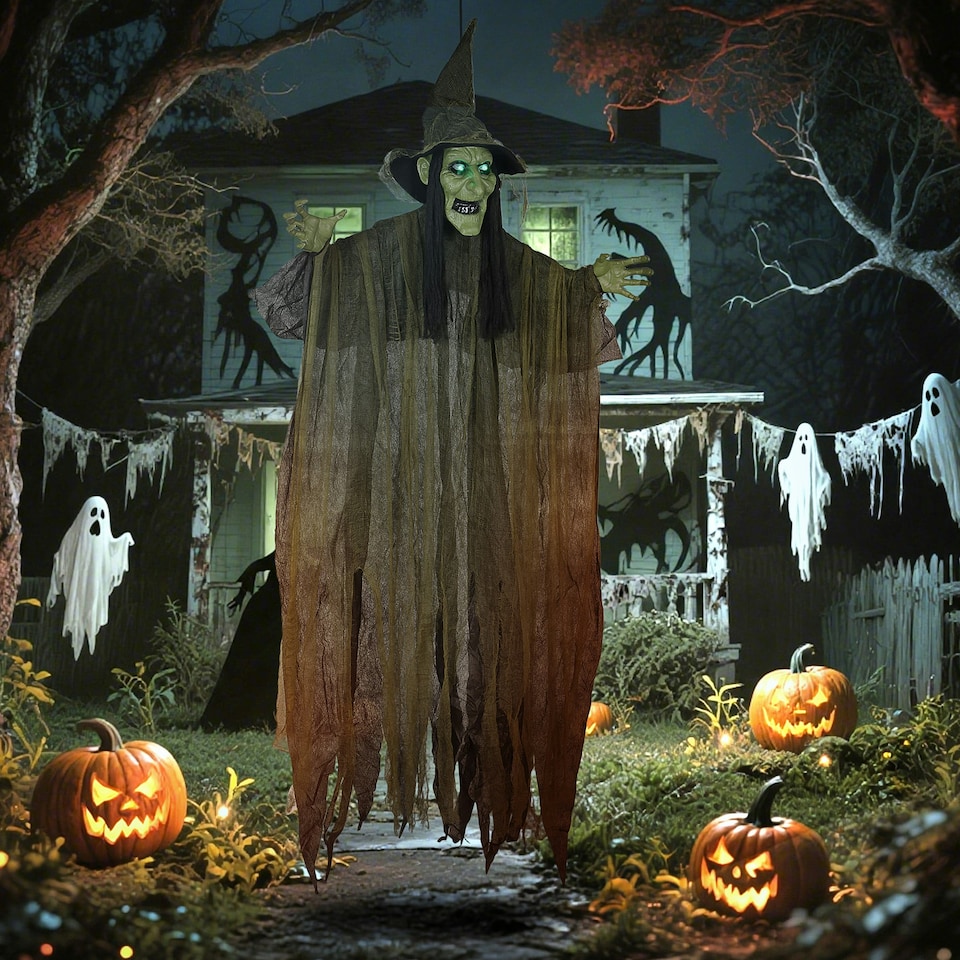 image 1 of Outsunny Voice Activated Halloween Animatronics Hanging Witch, Green