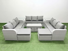 Fimous Outdoor Garden Furniture Set PE Rattan 3 Seater Sofa Set with Oblong Coffee Table 4 Footstools 2 Side Tables Light Grey