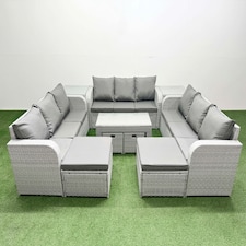 Fimous Outdoor Garden Furniture Set PE Rattan 3 Seater Sofa Set with Oblong Coffee Table 4 Footstools 2 Side Tables Light Grey