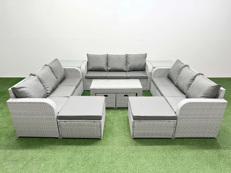 image 1 of Fimous Outdoor Garden Furniture Set PE Rattan 3 Seater Sofa Set with Oblong Coffee Table 4 Footstools 2 Side Tables Light Grey