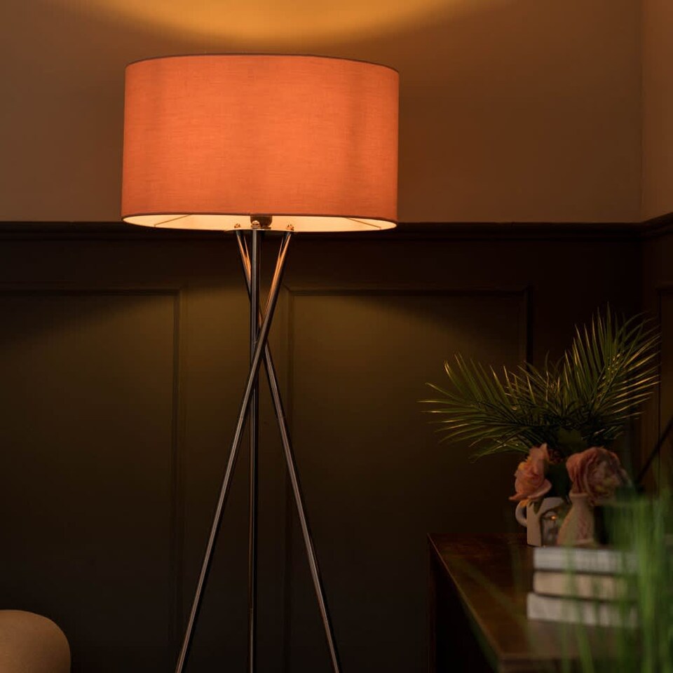 image 1 of ValueLights Camden Brushed Chrome Tripod Floor Lamp Pink Shade and Bulb