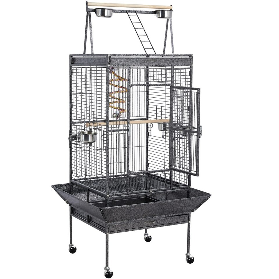 image 1 of Yaheetech 174 cm Tall Play Top Parrot Cage Metal Rolling Bird Cage Black