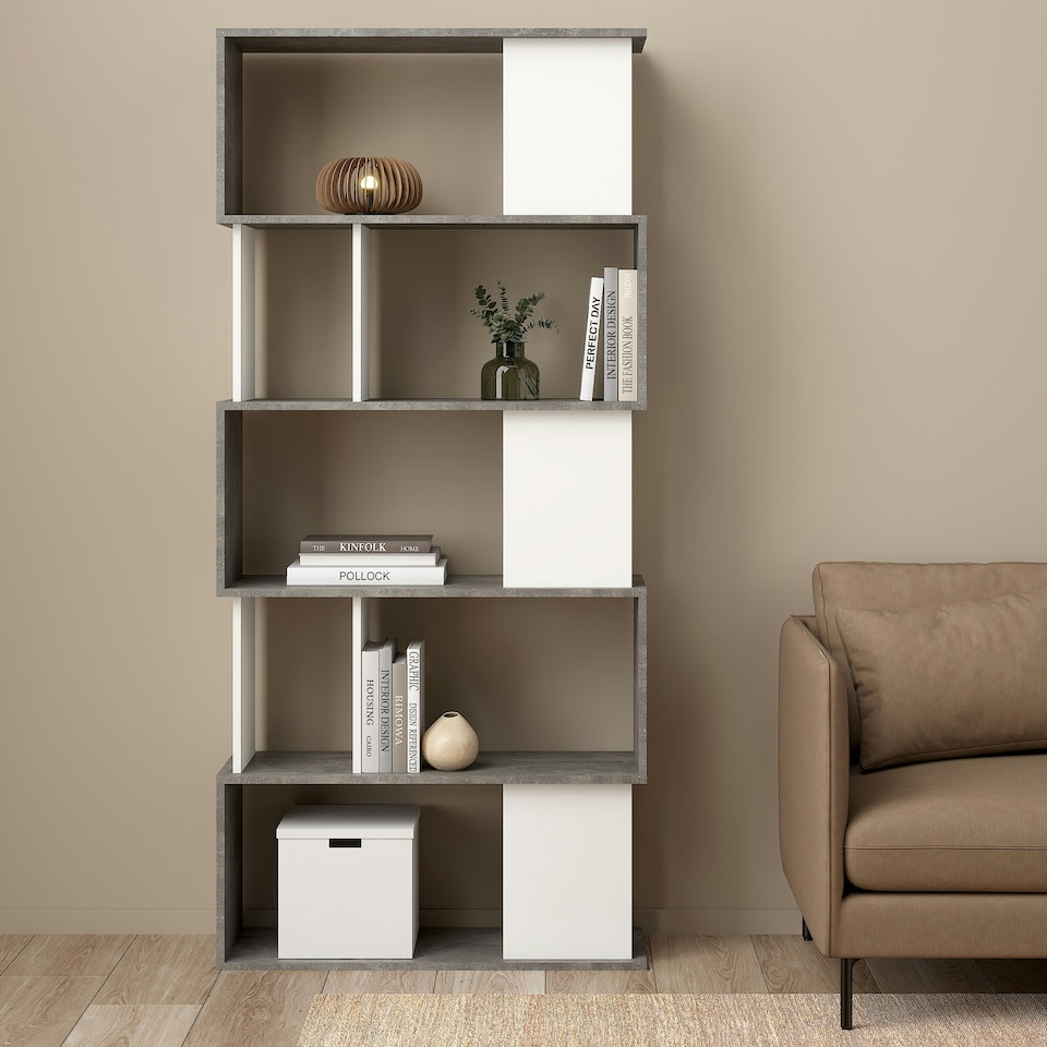 image 1 of Maze Open Bookcase 4 Shelves in Concrete and White