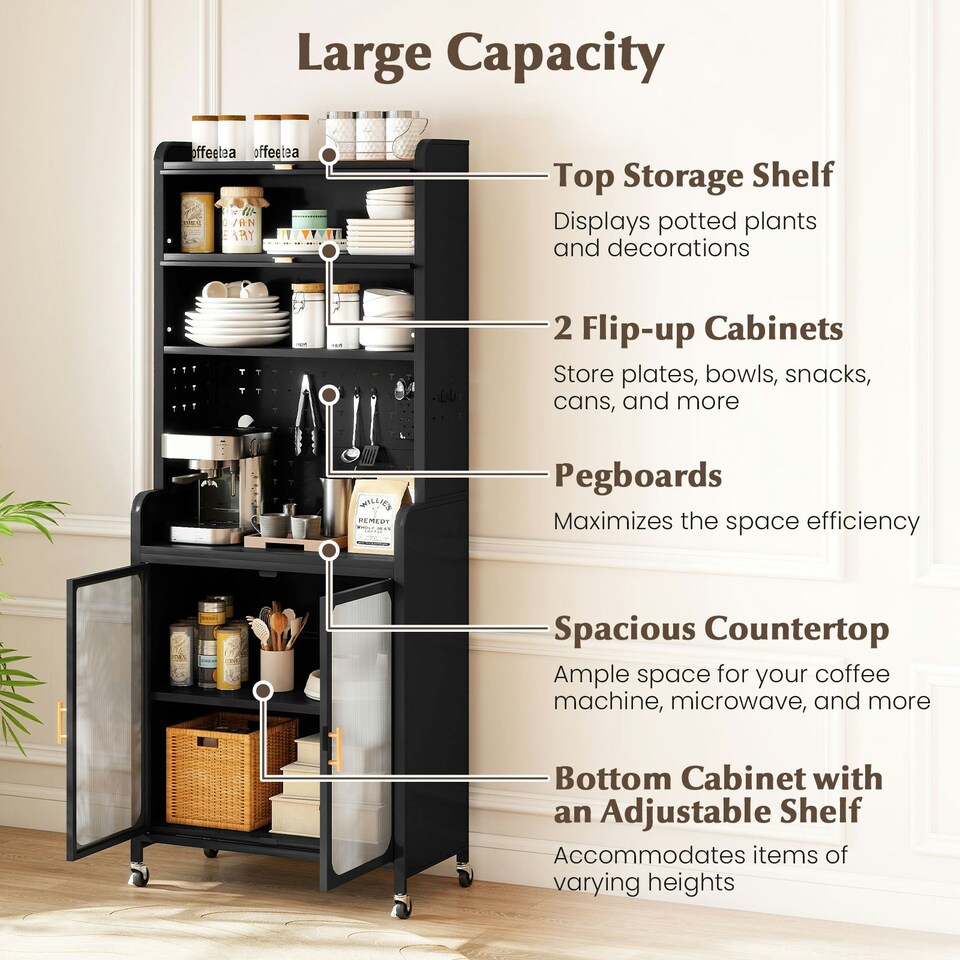 image 1 of COSTWAY Kitchen Pantry Storage Cabinet with Large Countertop Black