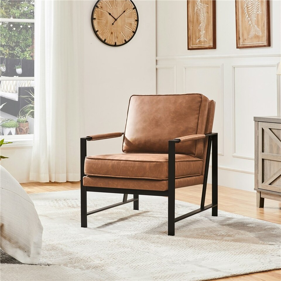 image 1 of Yaheetech Retro Accent Chair with Metal Arms Back Cushion Brown | Light Brown
