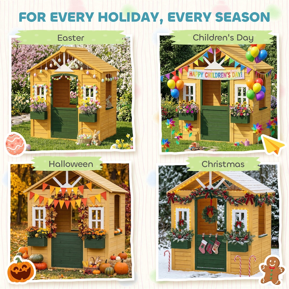 image 1 of AIYAPLAY Outdoor Playhouse, Wooden Wendy House with Door, 2 Flower Boxes