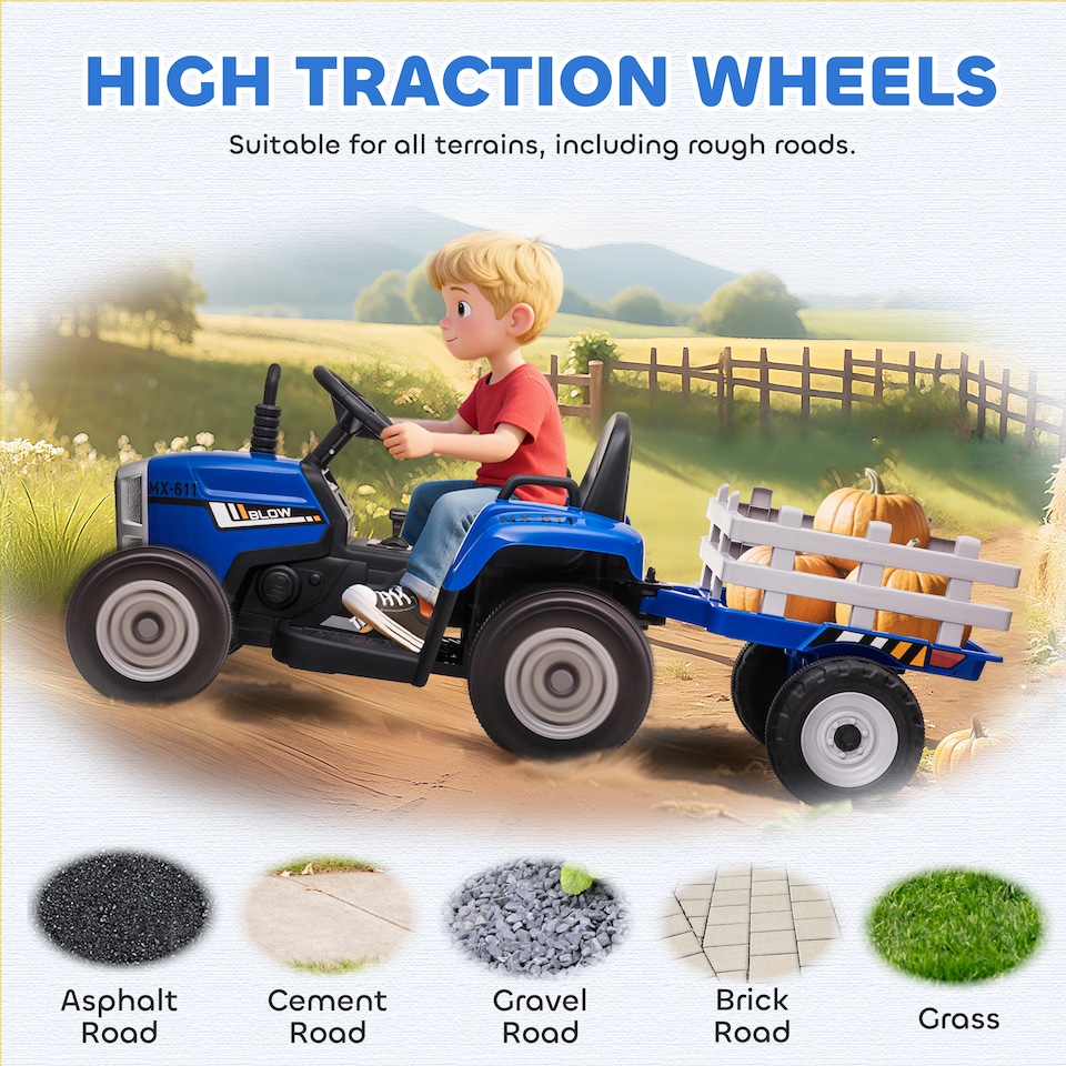 image 1 of HOMCOM Ride On Tractor with Detachable Trailer, Remote Control, Music, Blue