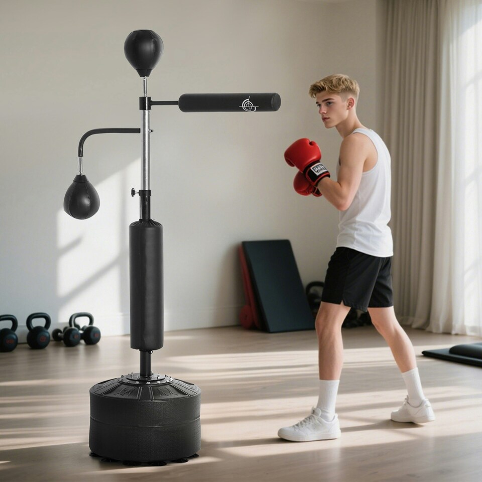 image 1 of HOMCOM 4-in-1 Boxing Punching Bag Free Standing with 2 Speed Balls, 360° Relax Bar, PU-Wrapped Boxing Bag and Fillable Base, 160-230cm Adjustable Height Black