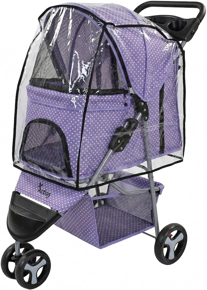 image 1 of Pet Stroller Dog Cat Puppy Pram Pushchair Travel Cart Jogging Buggy Carrier (Purple Dot with Cover)