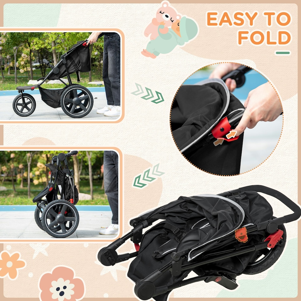 image 1 of HOMCOM Foldable Three-Wheeler Baby Stroller w/ Sun Canopy, Storage