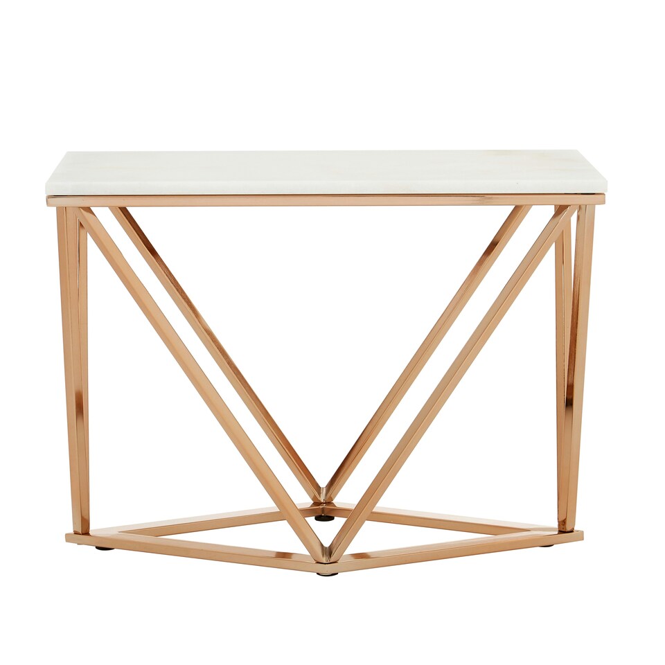 image 1 of Champagne Finish End Table With Rose Gold Legs,White Marble Top Side Table,Modern Prismatic Bedside Table