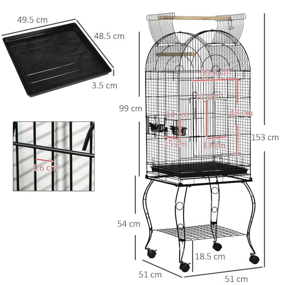 image 1 of PawHut 1.53(m) Bird Cage, Parrot Finch Macaw Conure w/ Perch, Wheels, Stand