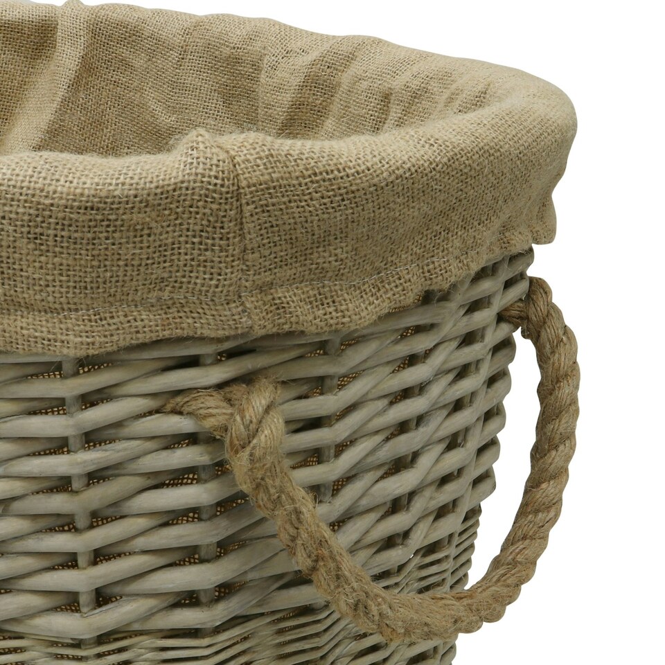 image 1 of JVL Antiques Wash Canvas Lined Oval Log Basket with Rope Handles, 46x57x46 cm Brown