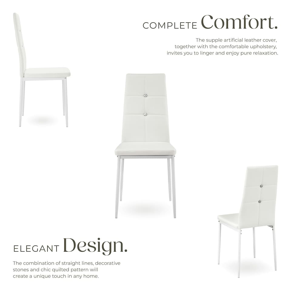 image 1 of Dining Chair Set - high backrest, slim steel legs & rhinestone highlights - Set of 6 White