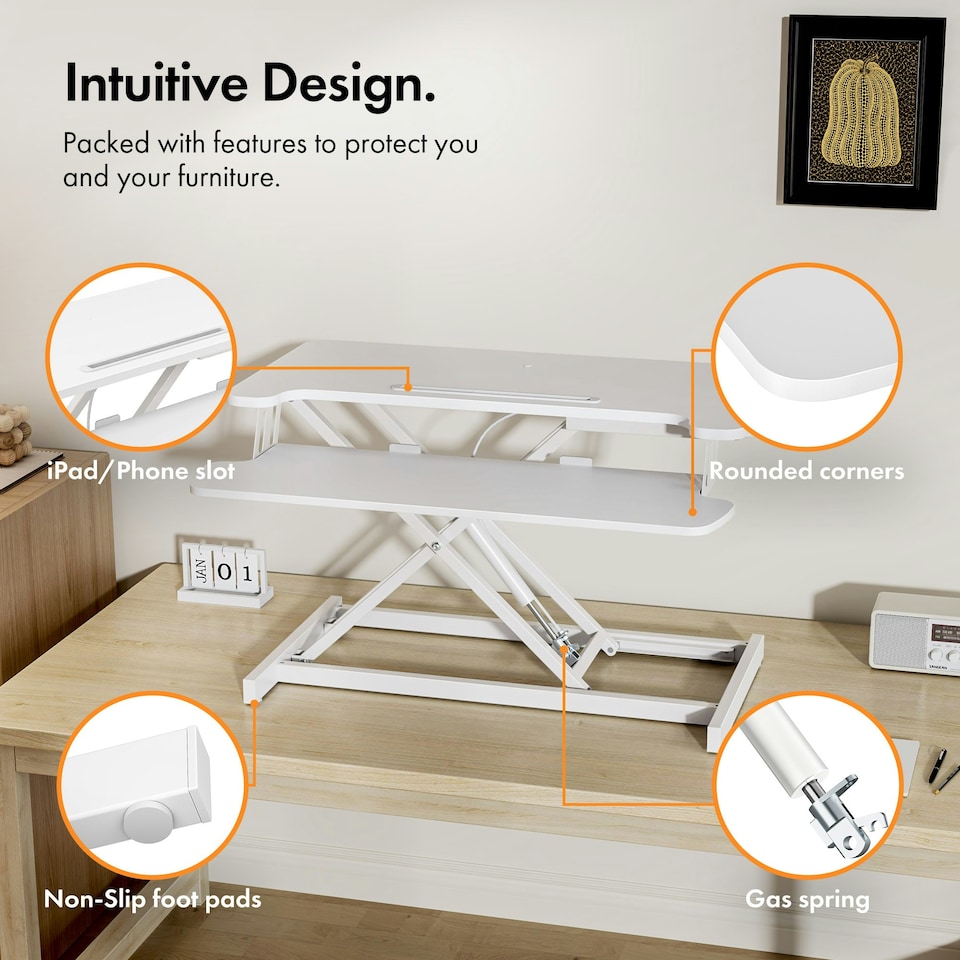 image 1 of VonHaus Height Adjustable White Standing Desk Converter, 80cm Length | White