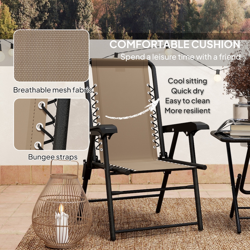 image 1 of Outsunny 3 Pieces Garden Bistro Set, Folding Table and Chairs Set, Metal Garden Furniture Set with Cup Holders for Outdoor, Patio, Balcony, Khaki | Brown