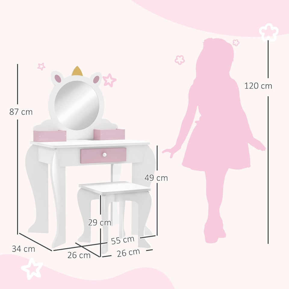 image 1 of ZONEKIZ Kids Dressing Table with Mirror and Stool, Drawer, Storage Boxes - White White | Pink