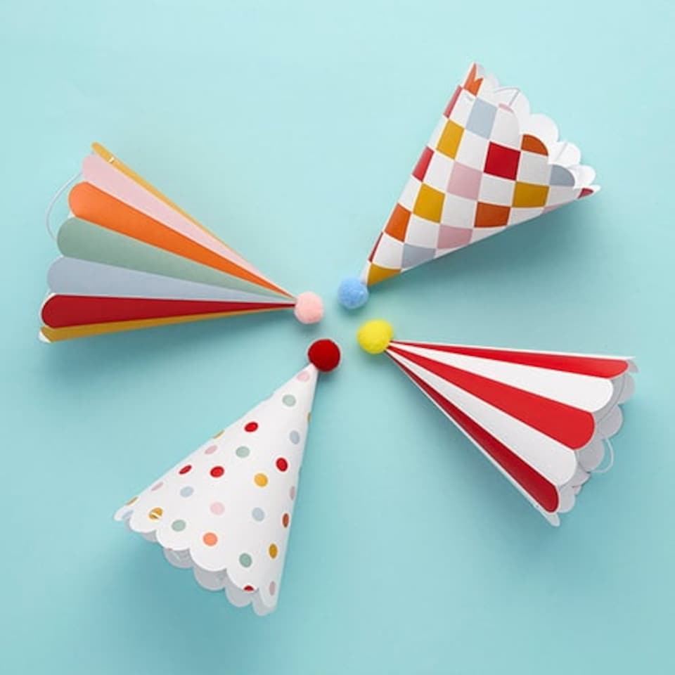image 1 of Circus Scalloped Paper Party Hats with Pom Poms - Pack of 8