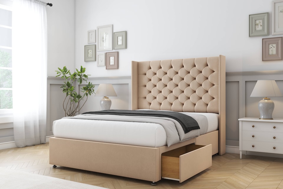 image 1 of Sloomy Dior Pebble Plush Divan Bed With Mattress No Drawers With 54" Wingback Headboard 4' Small Double | Brown | Pebble | Small Double | 1