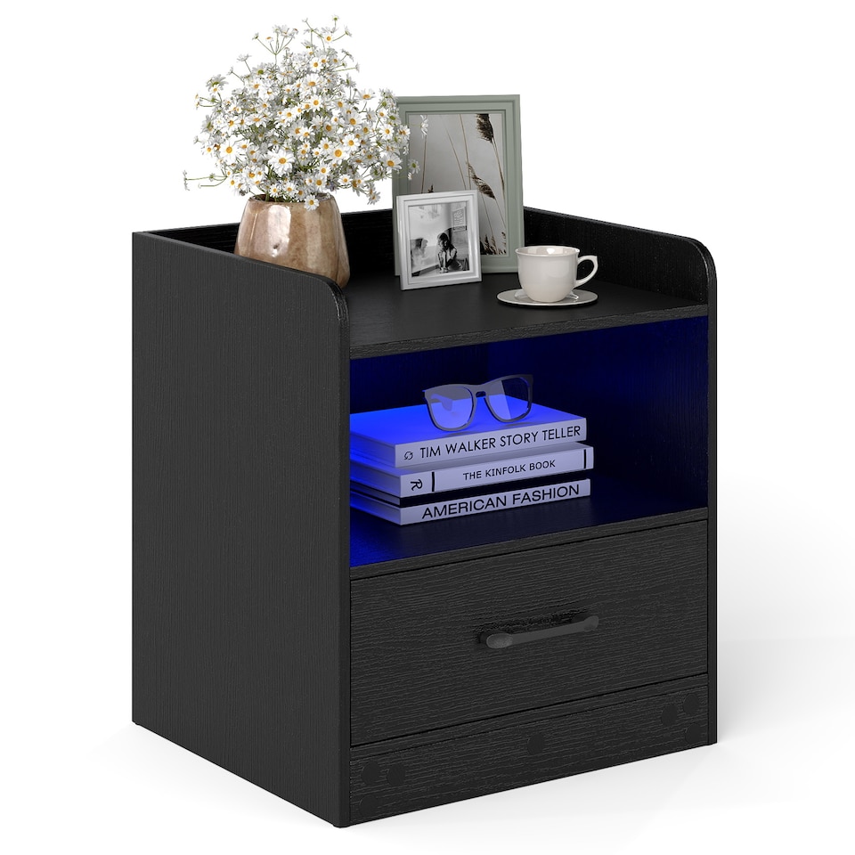 image 1 of COSTWAY Modern Nightstand with Drawer and Open Shelf Black