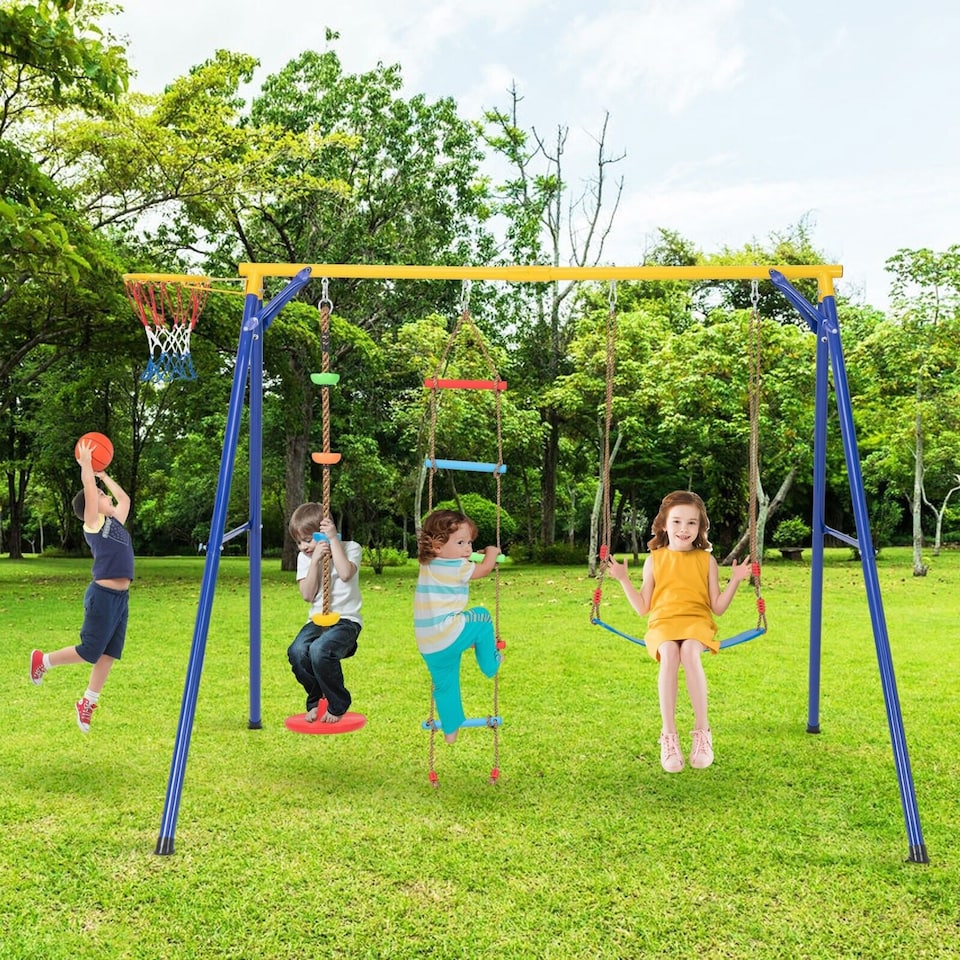 image 1 of COSTWAY 300 kg Heavy Duty Swing Set Backyard 4-in-1 Kids Swing Set Outdoor Playset