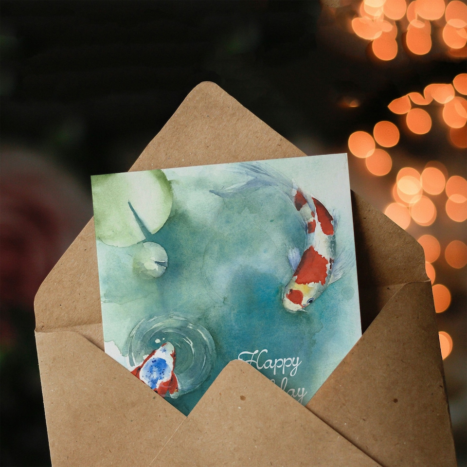 image 1 of Happy Birthday Japanese Koi Fish and Lily Pads Birthday Card