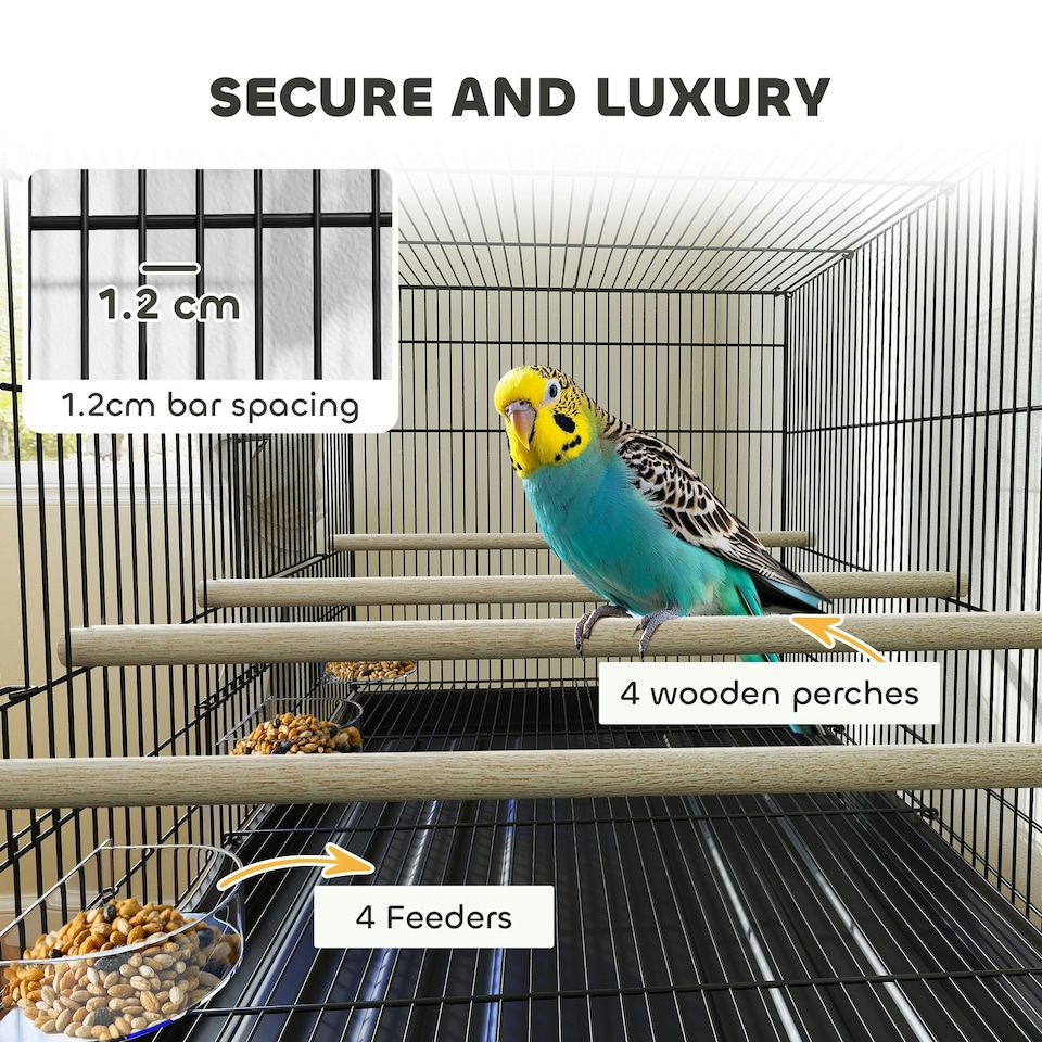 image 1 of PawHut Bird Cage with Divider, 4 Wooden Perches, Slide Out Tray, Black