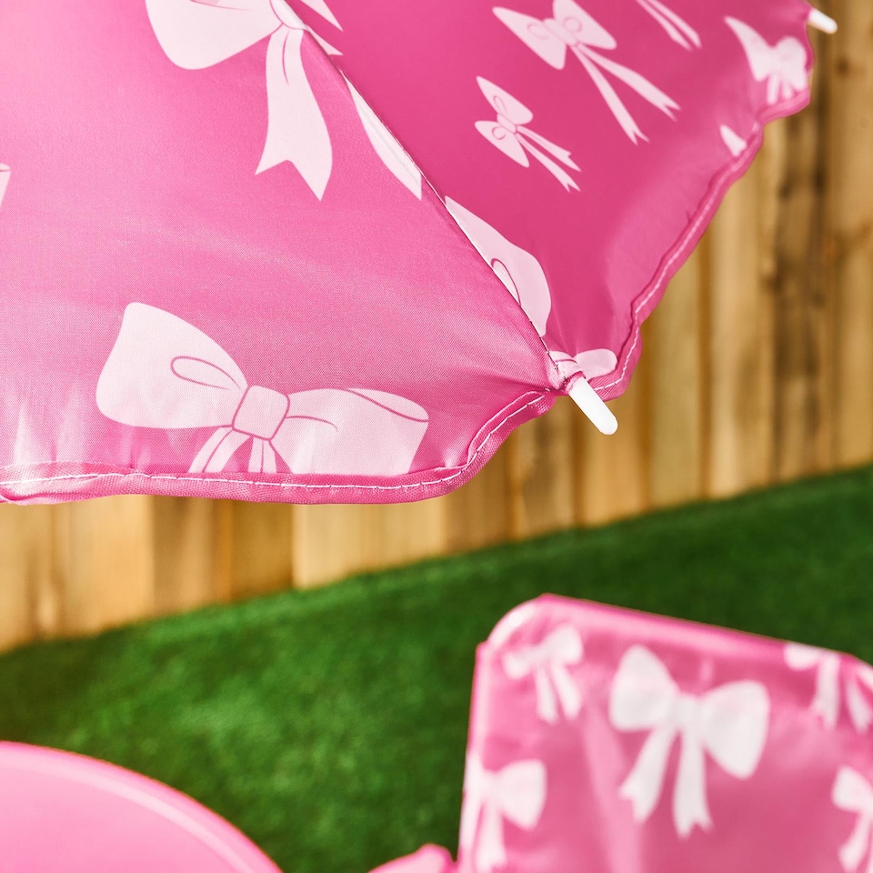 image 1 of OHS Kids Bows Folding Bistro Set Table Chair with Parasol Garden Patio | Pink | Hot Pink