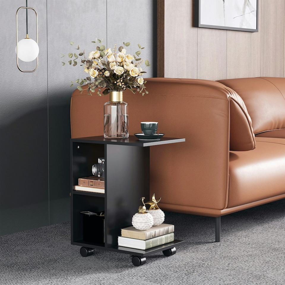 image 1 of C-Shape End Table Unique Storage Unit w/ 2 Shelves 4 Wheels Home Office Black