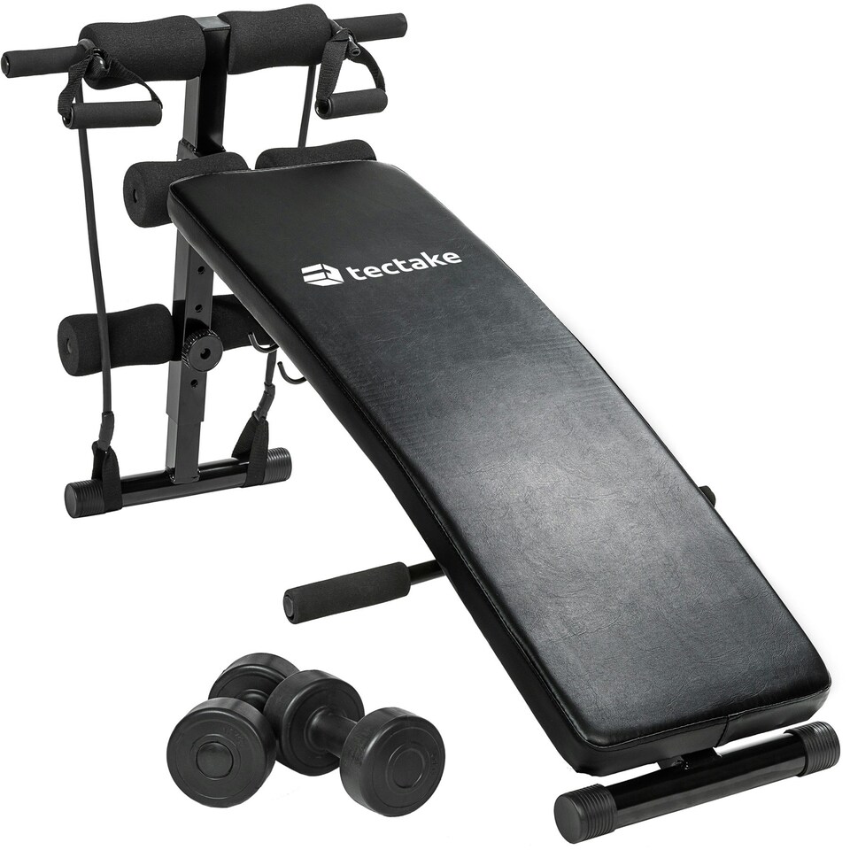 image 1 of Sit-Up Bench Cuttler - 6 positions, padded leg brace, foldable, inc. 2 dumbbells and elastic bands