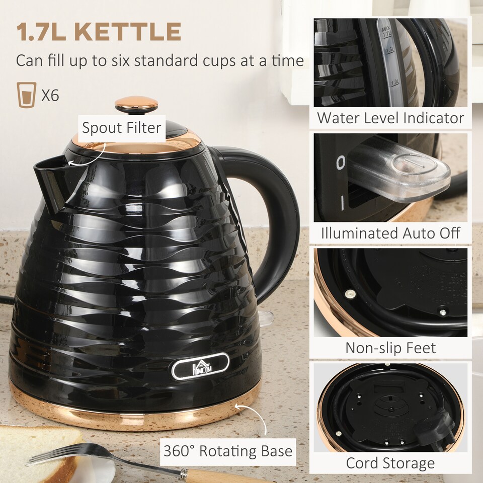 image 1 of HOMCOM Kettle and Toaster Set 1.7L Rapid Boil Kettle & 4 Slice Toaster Black