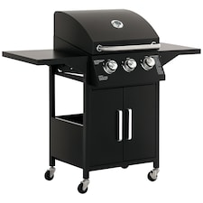 Outsunny 3 Burner Gas Grill Portable Barbecue Trolley with Side Shelves