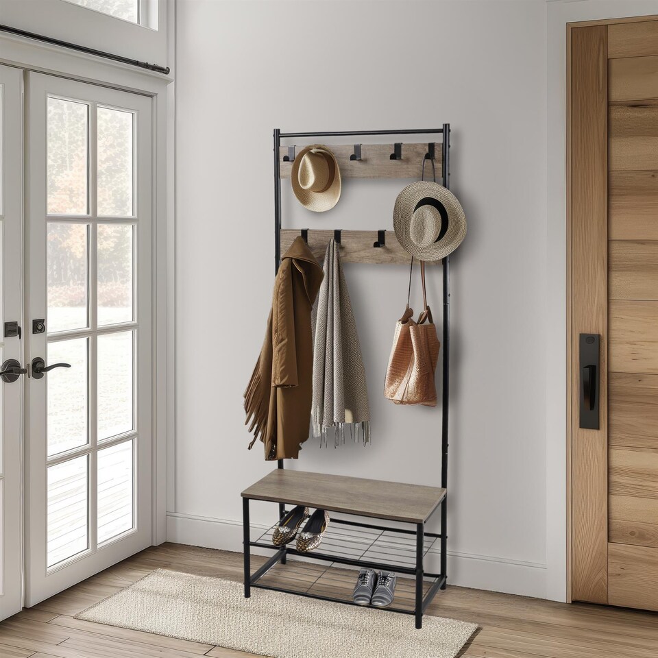 image 1 of House of Home Coat Rack Stand with Shoe Storage Bench 9 Hooks Rustic Light Brown Entrance Hall | Brown | Light Brown