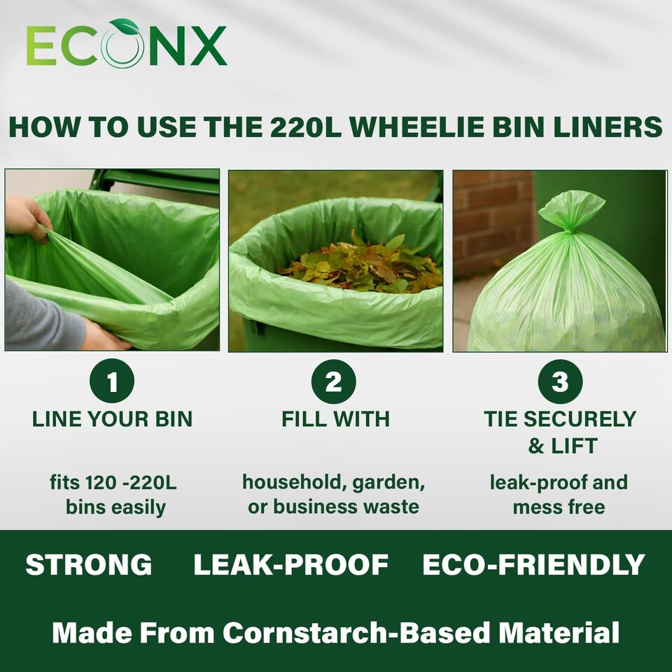 image 1 of ECONX 220L X 10 Compostable Wheelie Bin Liners Bags Biodegradable Refuse Sacks Waste Bag
