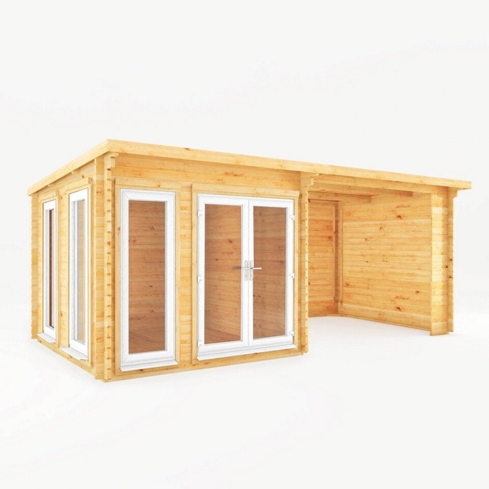 image 1 of 6 x 3 m Studio Pent Log Cabin with Patio Area, White UPVC Windows and Doors - 44 mm Timber - L333.5 x W591.1 x H249.4 cm - Brown Brown