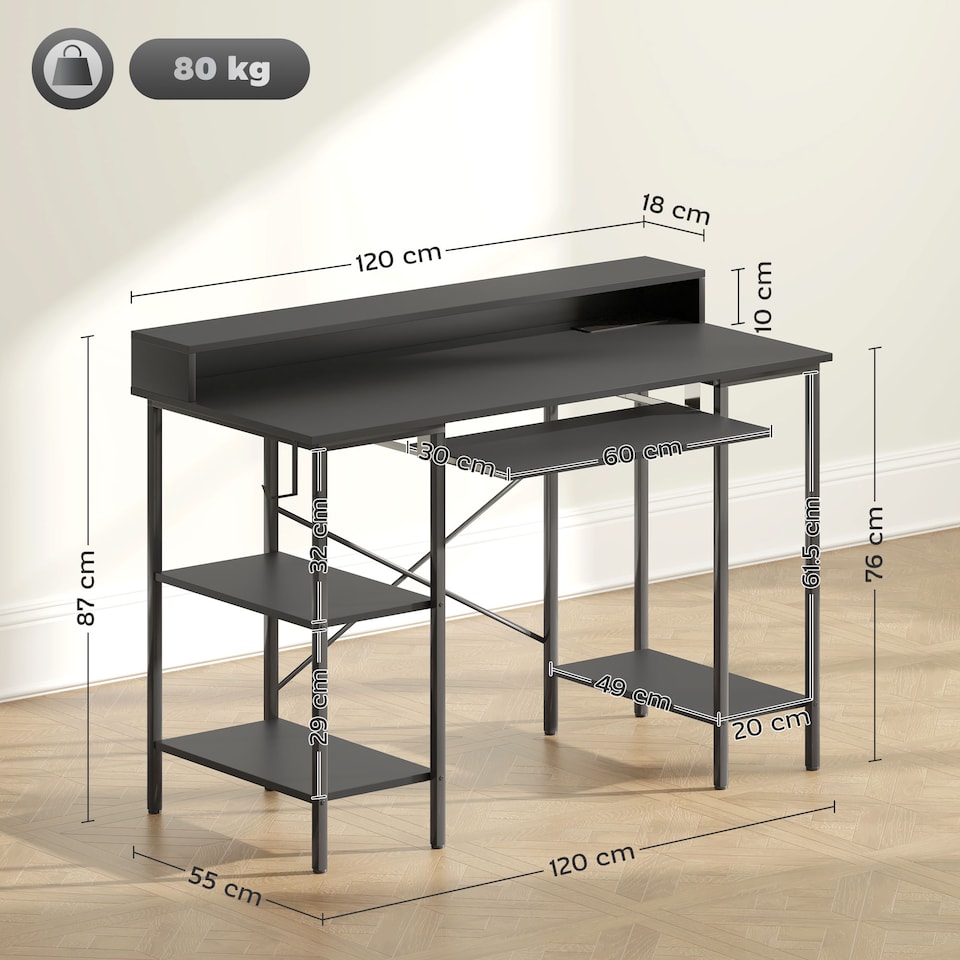 image 1 of HOMCOM Computer Desk with LED Lights and Power Outlets, 120 x 55 cm Gaming Desk with Monitor Stand, Sliding Keyboard Tray and Storage Shelves for Home Office, Black | Black