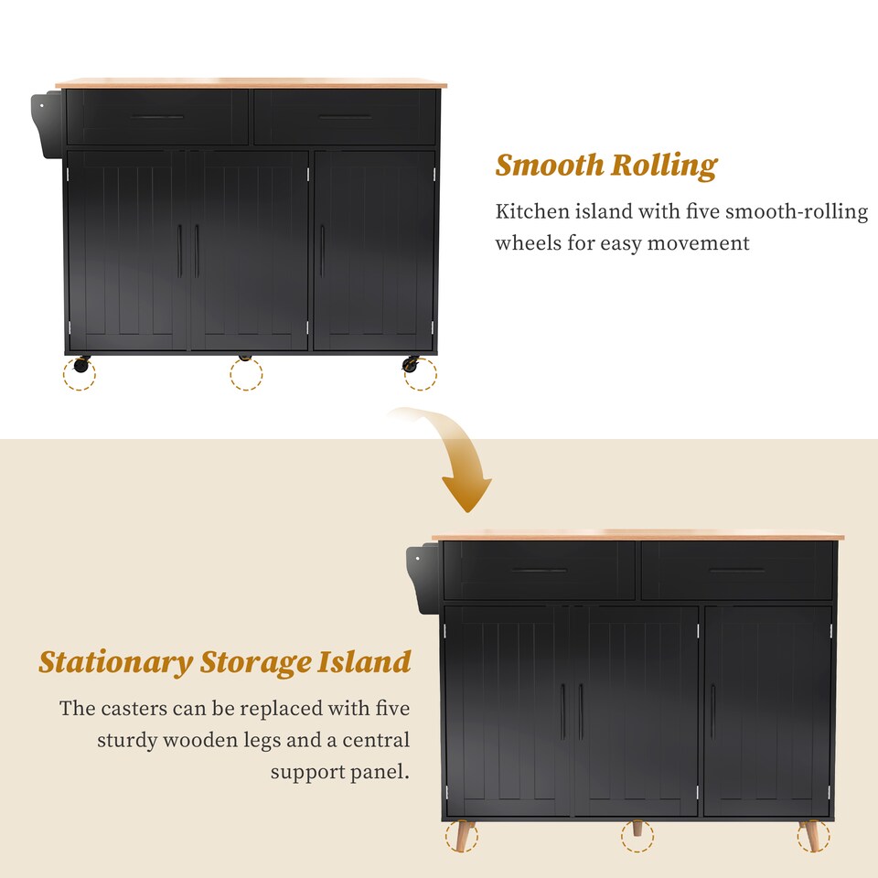 image 1 of VILUXE Mobile Kitchen Island with Foldable Worktop, 2 Drawers, Adjustable Shelves, Towel Rail, Wheels and Solid Wood Feet, Black and Natural