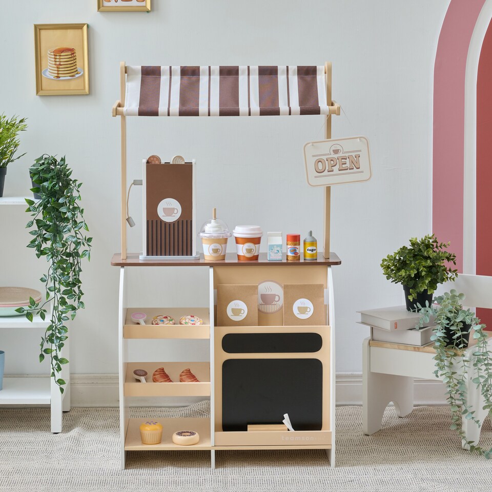image 1 of Teamson Kids Wooden Coffee Stand Playset with Espresso Machine & 29 Accessories