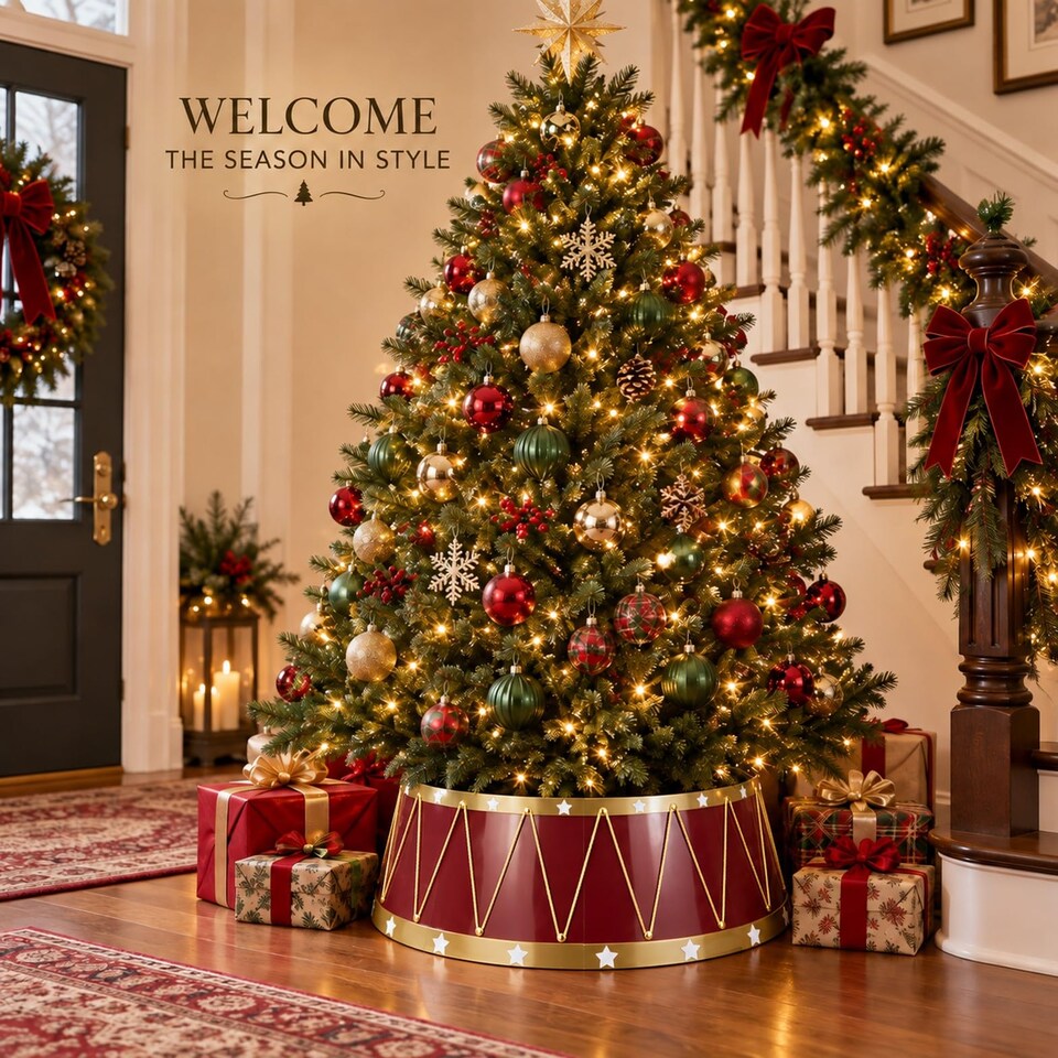 image 1 of 25.6 to 28.4 Inch Drum Christmas Tree Collar Foldable Base Cover for a Neat Festive Finish