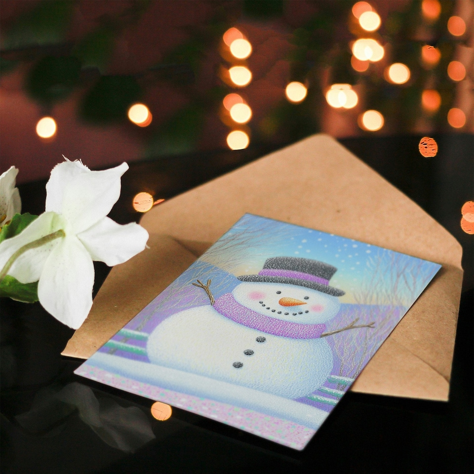 image 1 of Greeting Card Cute Snowman Pastel Purple Winter Countryside Blank For Him Or Her Art Xmas Christmas Card