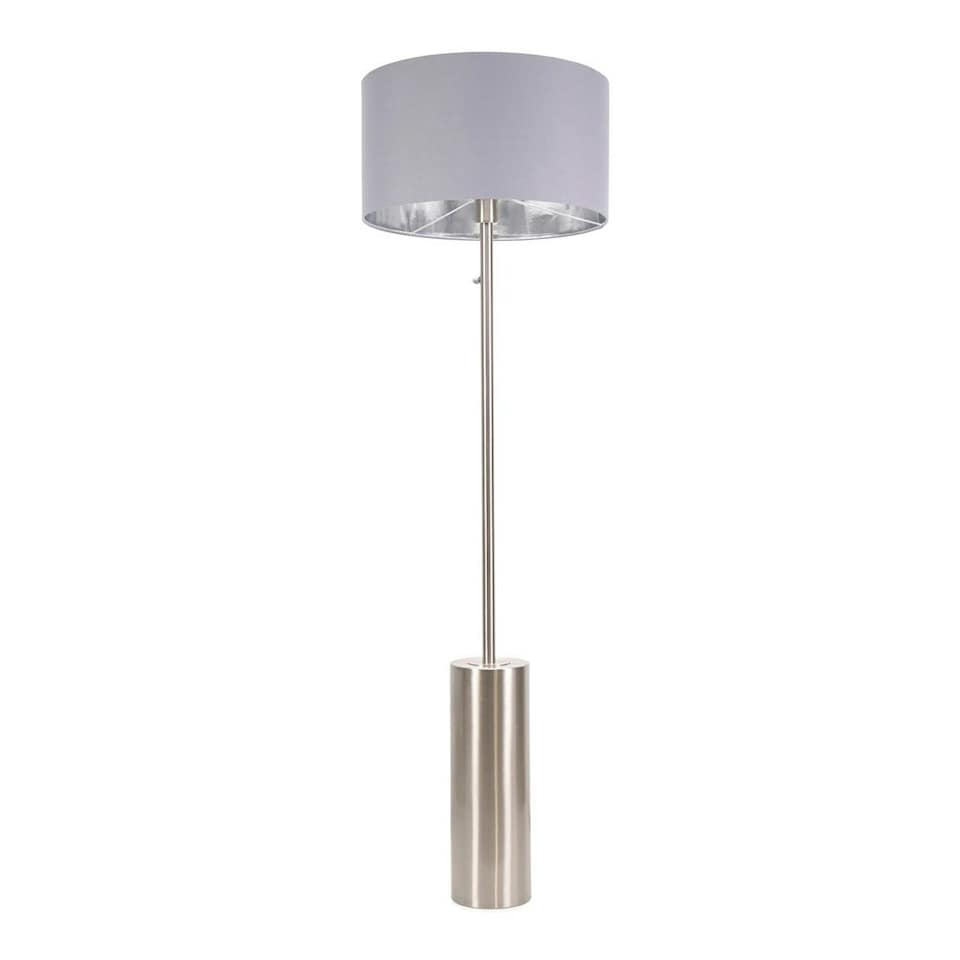 image 1 of ValueLights Lexy Grey and Metallic Chrome Shade with Brushed Chrome Dimmable Floor Lamp & LED Bulb Grey