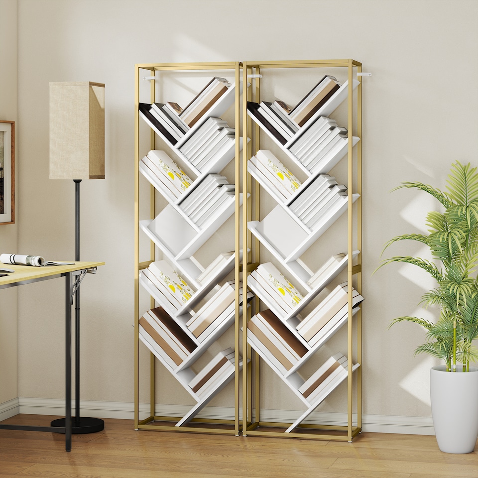 image 1 of HOMCOM Tree Bookshelf, 10 Tier Floor Standing Bookcase, Modern Tall Display Storage Shelving Unit for Living Room, Home Office, Bedroom, White and Gold Tone | White | White and Gold Tone