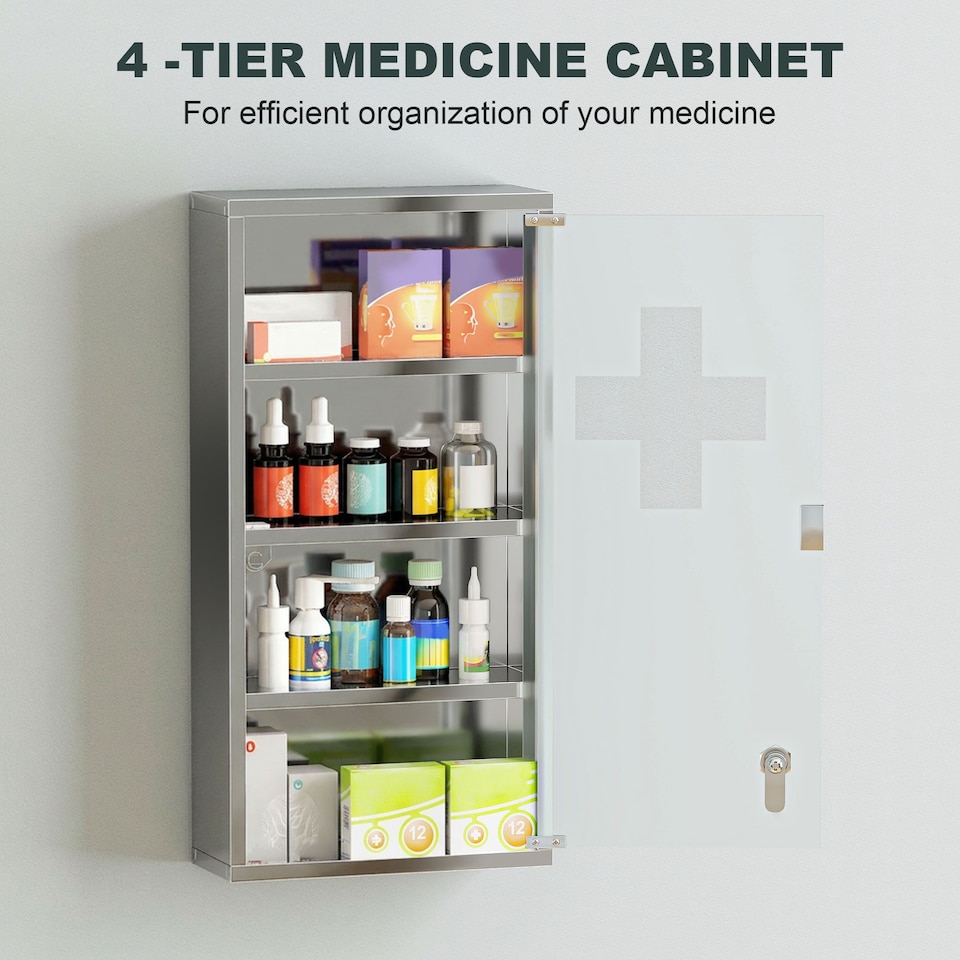image 1 of HOMCOM Medicine Cabinet Houseware Stainless Steel Medicine Cabinet Glass Door