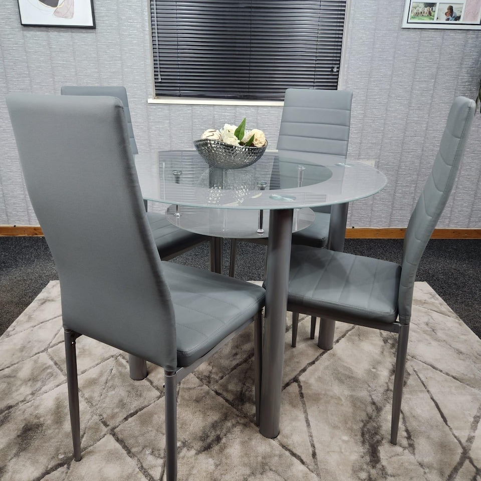 image 1 of Dining Table And 4 Chairs Grey Round Table With 4 Grey Chairs Dining Room Furniture | Grey | One Size | 5
