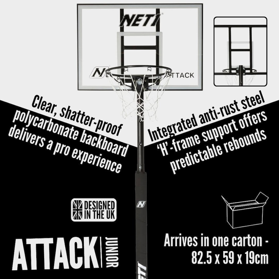 image 1 of NET1 Attack Youth Adjustable Basketball Hoop - Telescopic 2.0-2.6 m, 76 x 51 cm Polycarbonate Backboard, 38 cm Steel Rim, 38 L Portable Base (Black) | Multi | BLACK | 4396