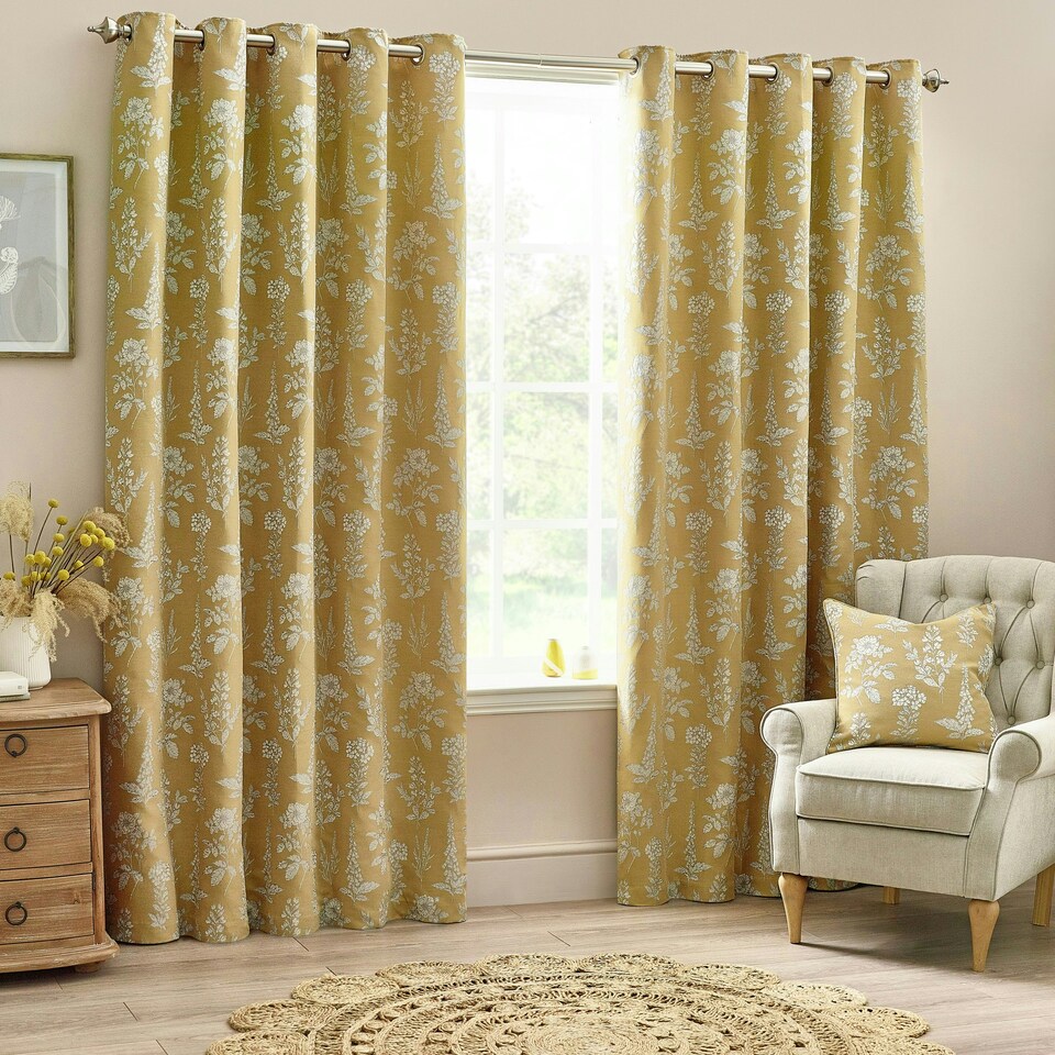 image 1 of Wylder Floral Jacquard Gold Eyelet Curtains 229 x 137cm