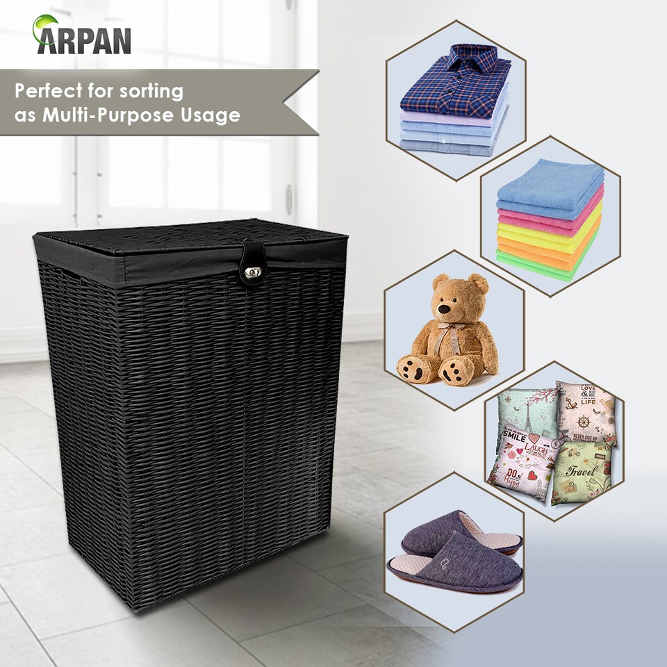 image 1 of Black Resin Laundry Clothes Basket with Lid, Lock & Removable Washable Lining – Wicker Effect Laundry Storage Hamper for Bedroom, Bathroom & Utility Room