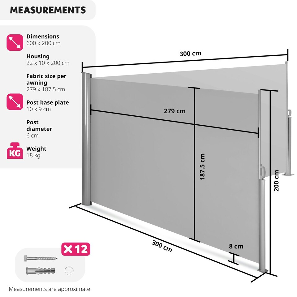 image 1 of Double-sided retractable awning & privacy screen Grey | 200 x 600 cm
