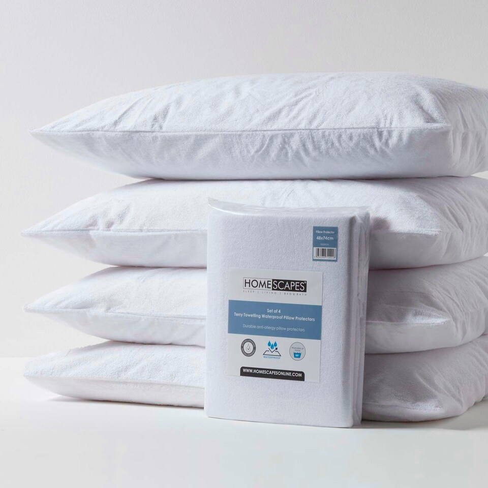 image 1 of Homescapes Terry Towelling Waterproof Pillow Protectors Standard Size - Pack of 4 White