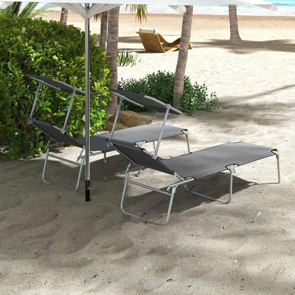 image 1 of Outsunny Folding Sun Lounger Set of 2 w/ Sunshade Adjustable Backrest Grey